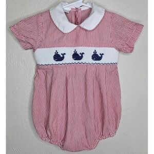 Edgehill Collection Boys Smocked Bubble Ghingam Red Striped Blue Whales 9 Months